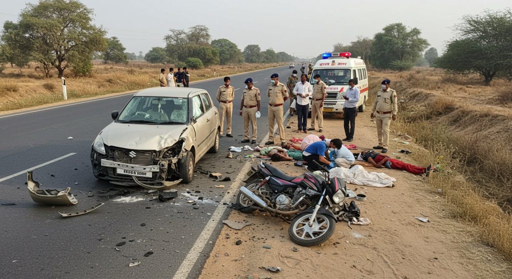 Tragic Accident in Hamirpur: Out-of-Control Car Runs Over Bikers on Kanpur-Sagar Highway; 2 Dead, 1 Referred to Hallett