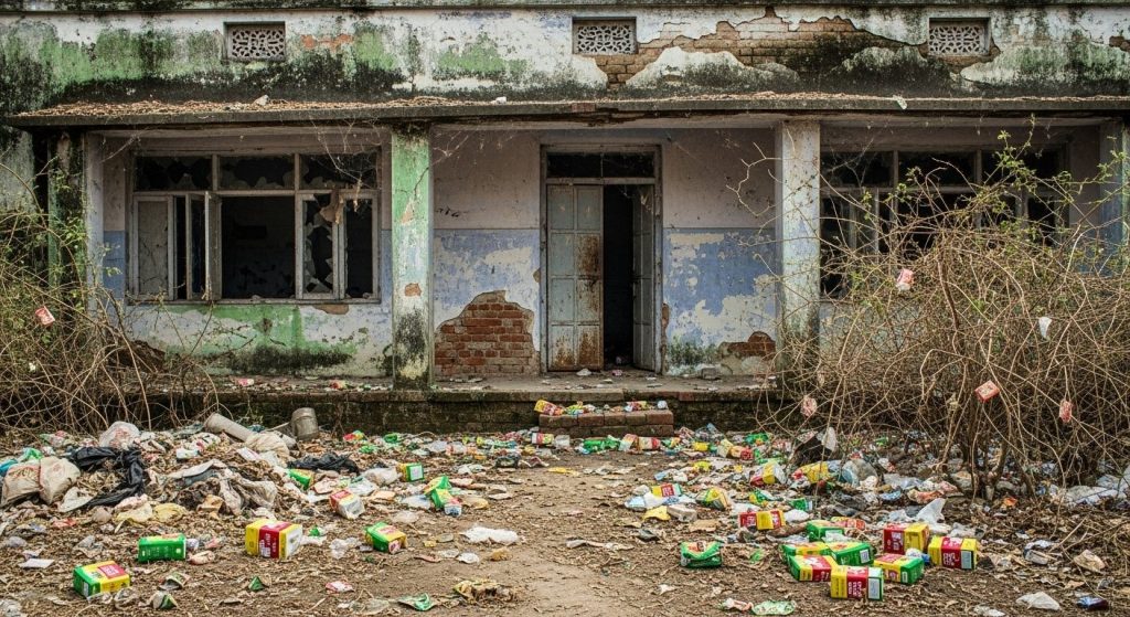 Hardoi PHC's shocking state: Filth everywhere, empty country liquor tetra packs scattered.