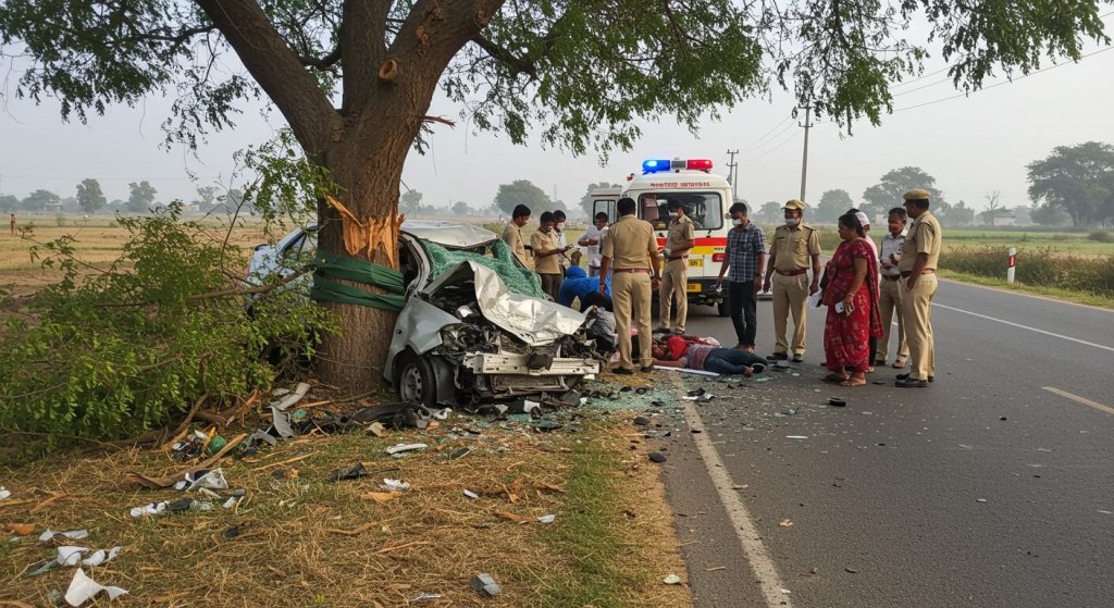 Horrific Accident in Hathras: Speeding Car Hits Tree, One Killed, Four Seriously Injured, Referred for Medical Treatment