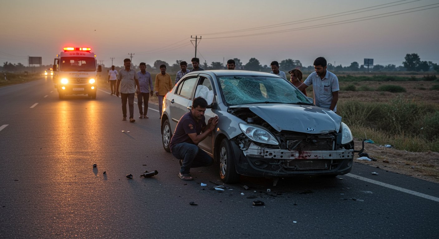 हाथरस में भीषण सड़क हादसा: अज्ञात वाहन ने कार को मारी टक्कर, पिता-पुत्र गंभीर घायल, FIR दर्ज