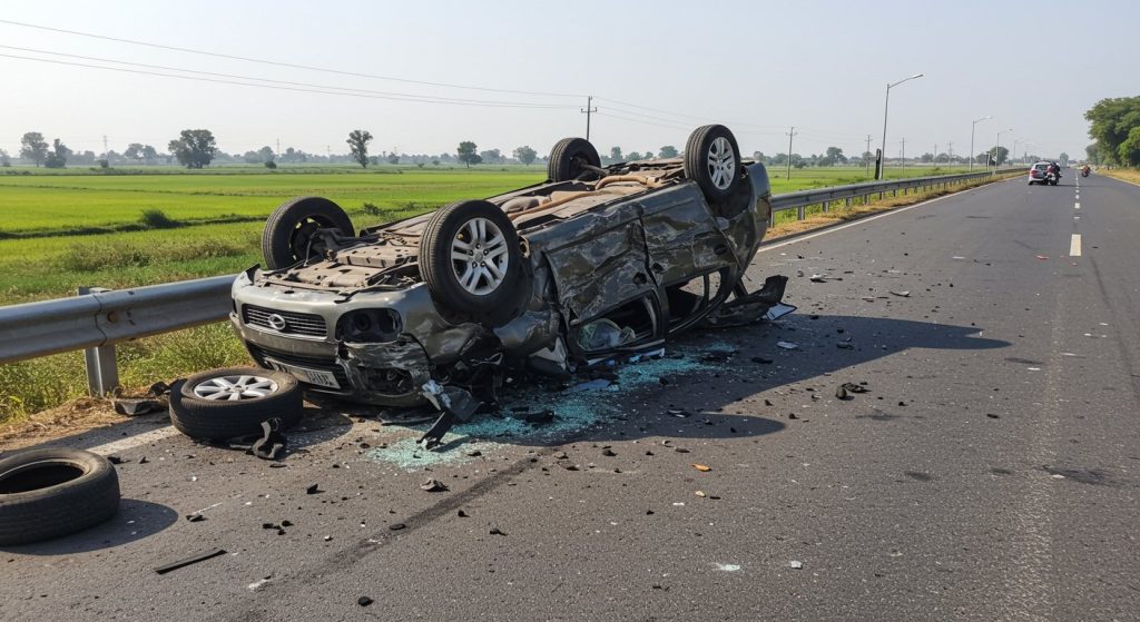 Pilibhit: Horrific Road Accident - Out-of-Control Car Flips Four Times, Three Tires Burst, Causing Chaos!
