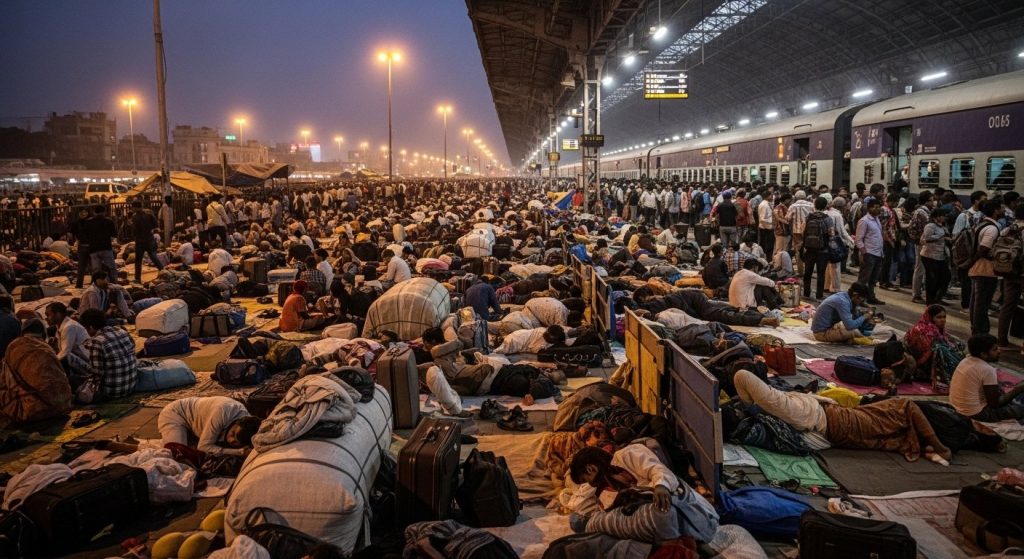 Massive Rush of Bihar-UP Bound Passengers at Railway Stations: Over 15,000 Travelers Spent Night on Road in Surat; Delhi Platforms Jam-Packed