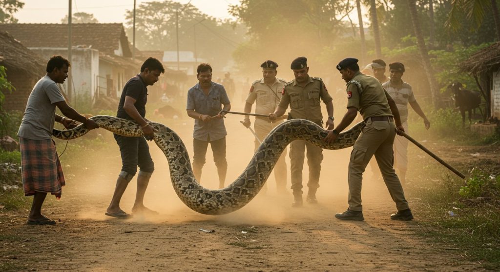 Terror and Bravery: How Villagers and a Rescue Team Captured a Giant Python That Entered the Village, Horrifying Video Goes Viral!