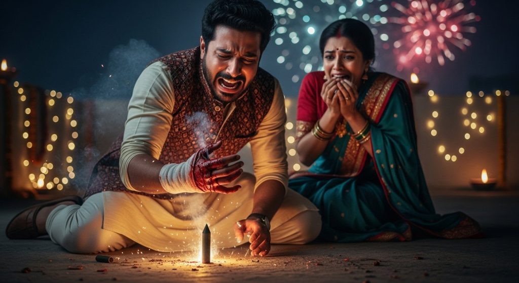 Diwali night joy turns to mourning for couple: Rocket explodes in hand, husband's hand severely injured!