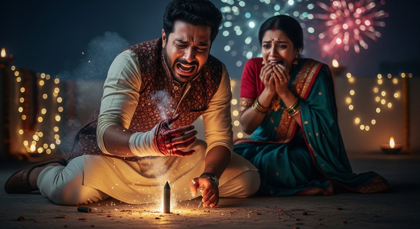 दिवाली की रात पति-पत्नी की खुशियां बनी मातम: रॉकेट हाथ में फटा, पति का हाथ गंभीर रूप से ज़ख्मी!