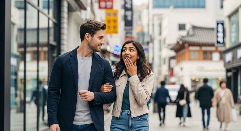 Indian girl strolling with foreign boyfriend in Korea, something happened as soon as she heard a Desi song, video viral!