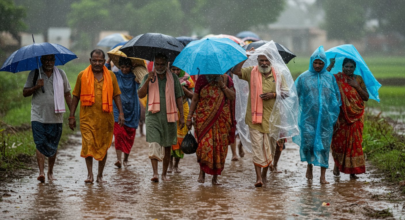 अयोध्या की बारिशी यात्रा: 42 किमी की कीचड़ भरी राह, पॉलीथिन और छातों के सहारे अटूट श्रद्धा का प्रदर्शन