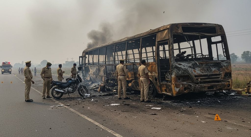 Horrific Bus Fire in Kurnool: 20 Burnt Alive After Collision with Drunk Biker, Police Investigation Ongoing