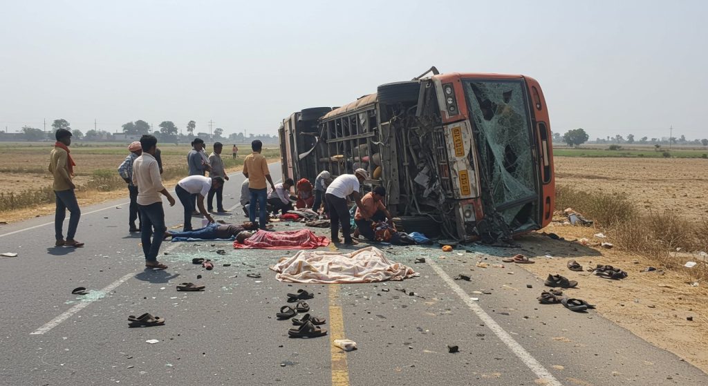 UP: Nepal-bound bus loses control and overturns; two laborers killed, seven injured