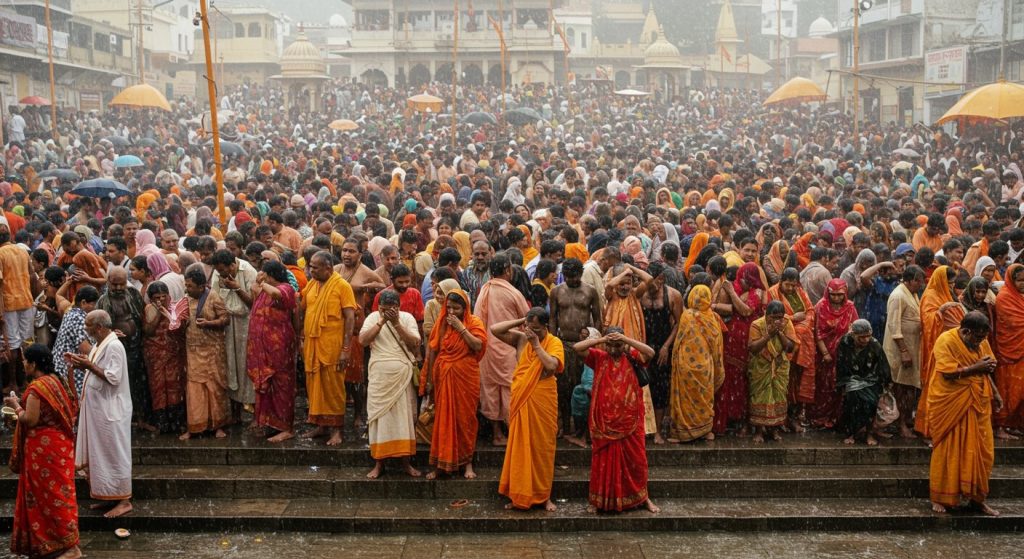 Flood of Faith in Ayodhya: 1 Million Devotees Pack Ghats, Complete 42km Rain-Soaked Pilgrimage and Apply Sacred Soil to Foreheads