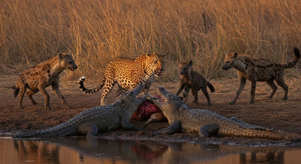 Leopard's struggle for its kill: Crocodile and hyenas snatch its prey, this video will make your hair stand on end!