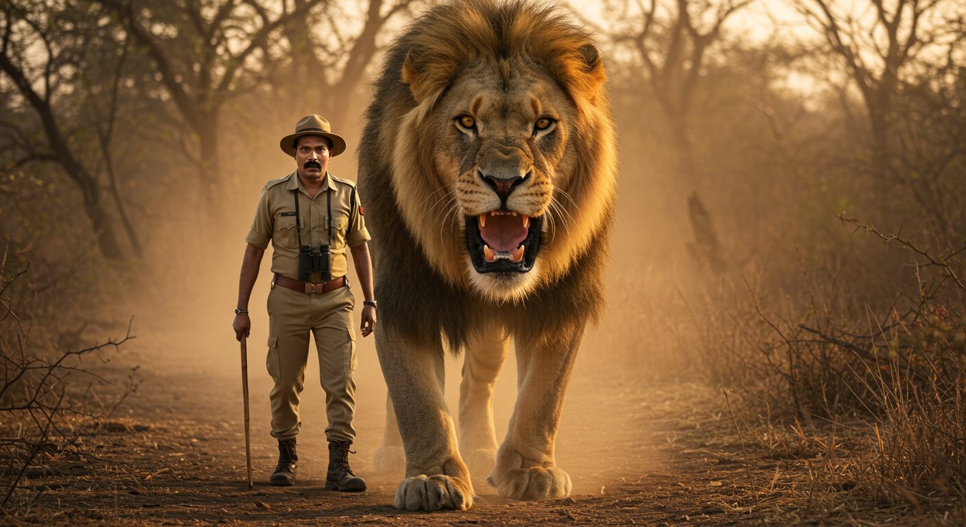 खुले जंगल में रेंजर के सामने दहाड़ता शेर: दिल दहला देने वाली मुलाकात का वीडियो हुआ वायरल!