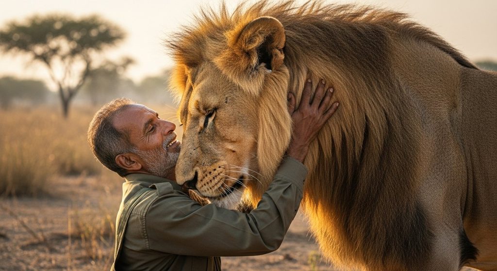13 years ago, fed milk from a bottle, the grown-up lion now hugged his 'father'!