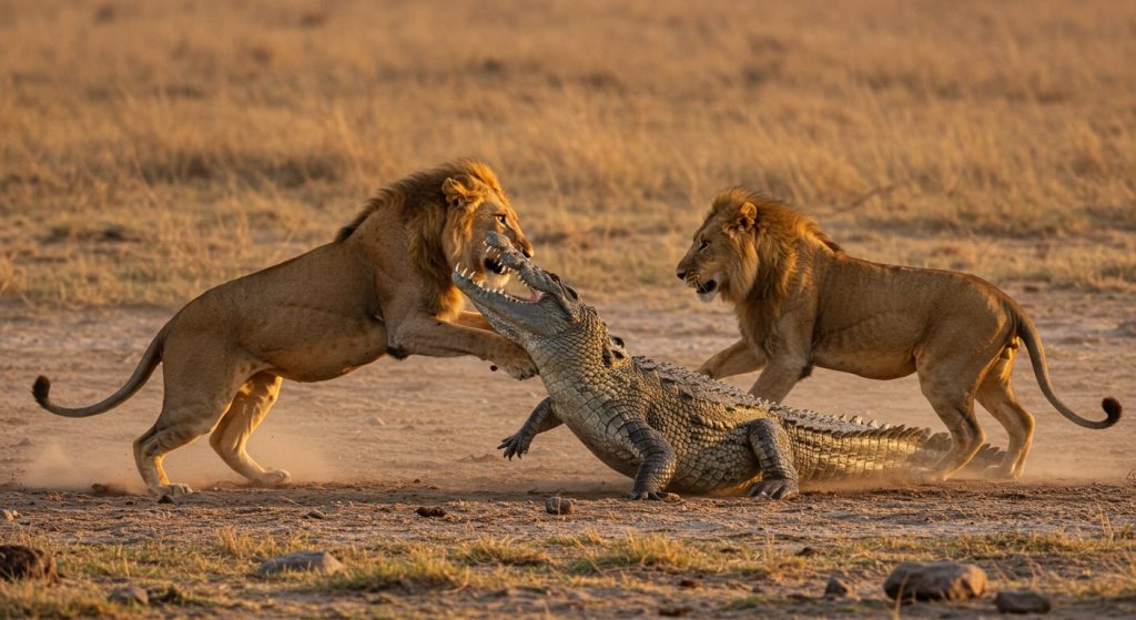 Lions Encircle Crocodile on Land, But a Counter-Attack Forces Them to Flee for Their Lives!