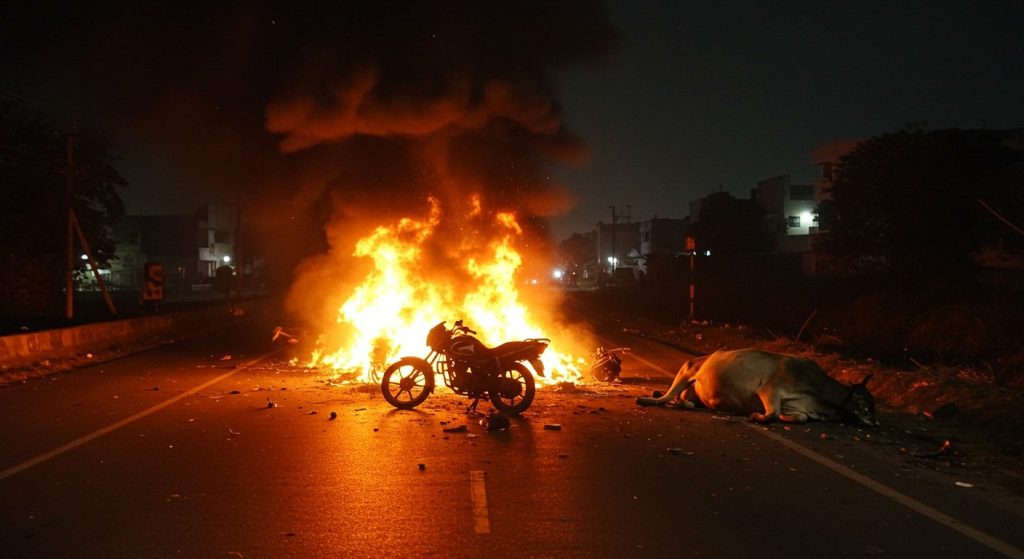 Lucknow: Bike flips after colliding with cattle; two tragically killed in massive explosion