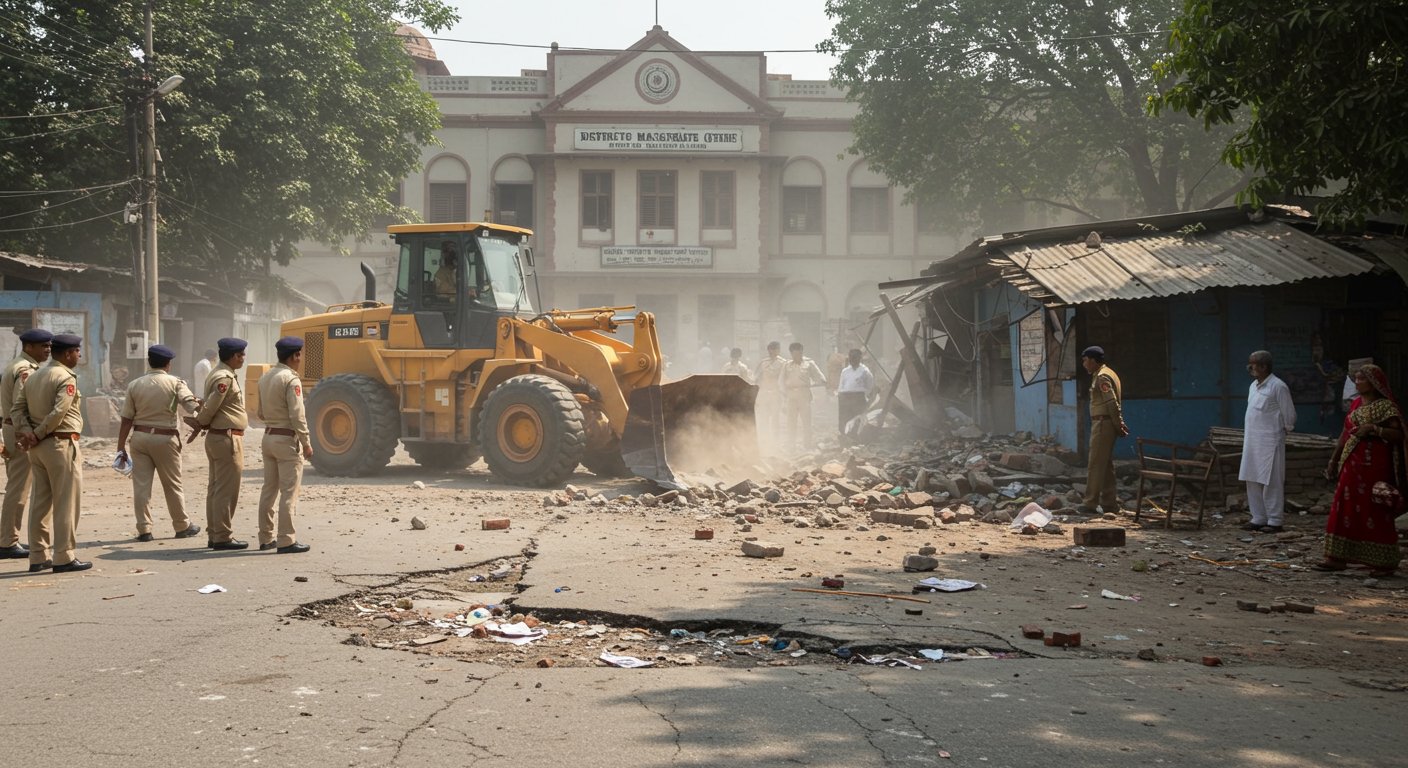 लखनऊ में गरजा बुलडोजर: डीएम ऑफिस के पास सड़क-फुटपाथ पर बने वकीलों के 20 चैंबर ध्वस्त