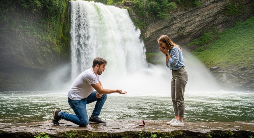 Proposing to his girlfriend at a waterfall proved costly! Something happened to the man that will leave you stunned after watching the video.