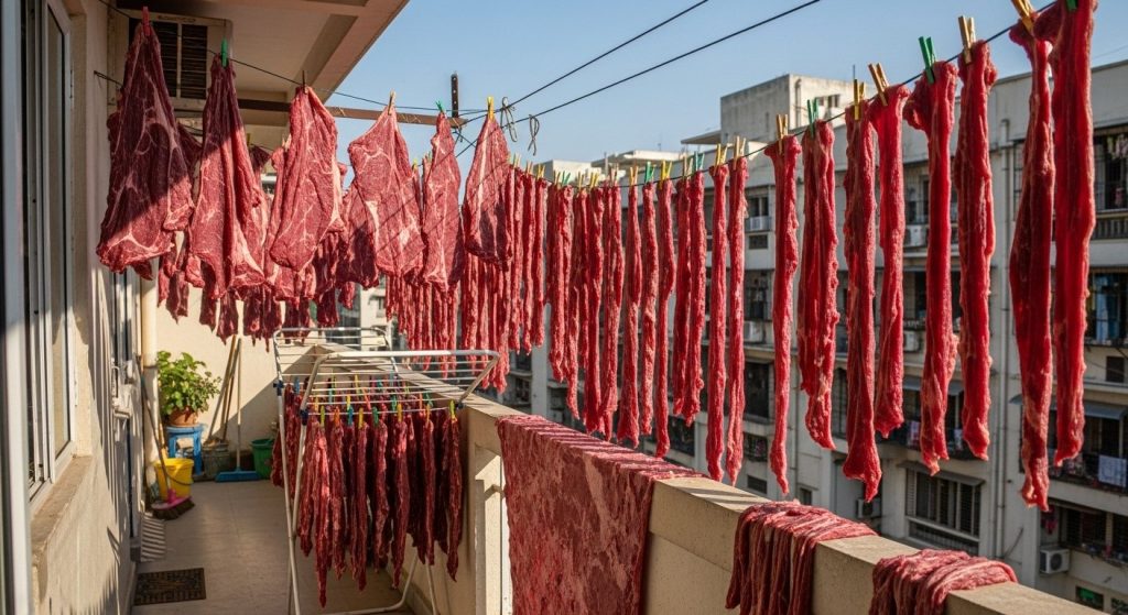 Shocking Viral Video: Raw Meat Drying Like Clothes on Neighbor's Balcony!
