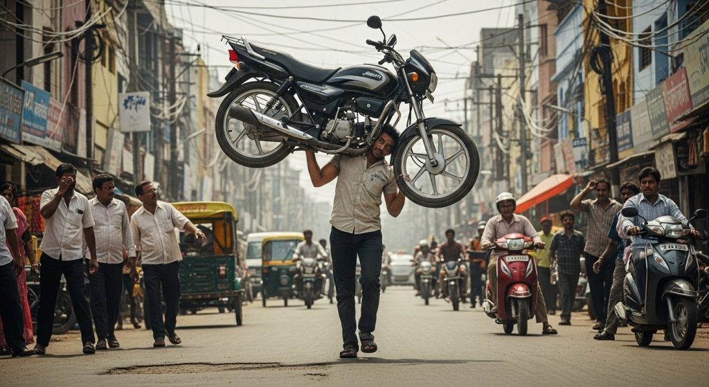 Astonishing Sight: Man Lifts Bike on Shoulder Mid-Road, Video Goes Viral