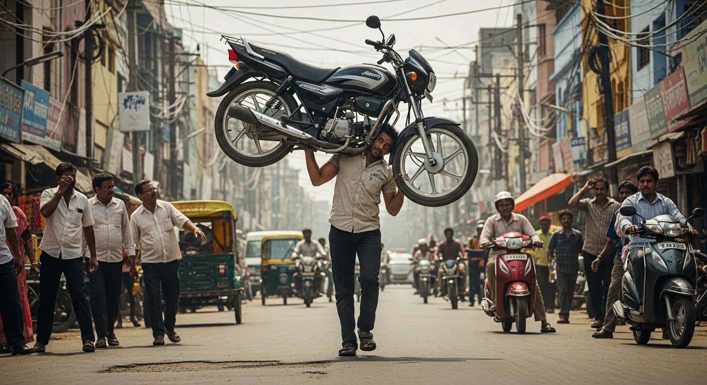 हैरान करने वाला नज़ारा: बीच सड़क पर शख्स ने कंधे पर उठाई बाइक, वीडियो हुआ वायरल