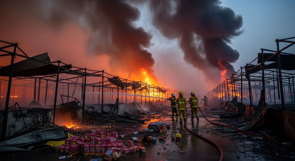 Massive Fire in Fatehpur's Firecracker Market: Over 80 Shops Gutted, Area Rocked by Explosions