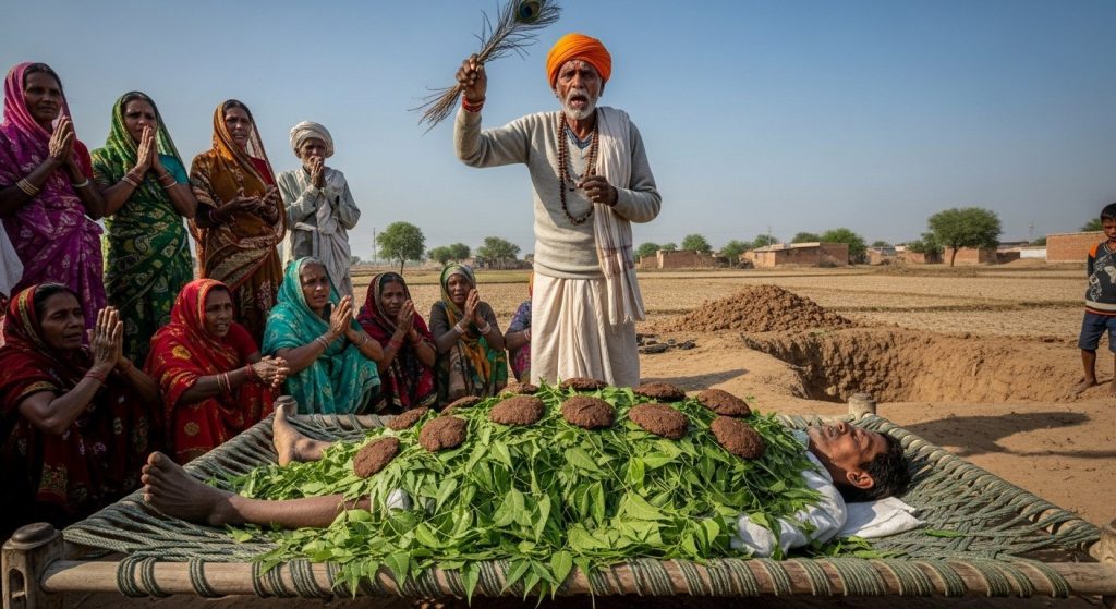 Extreme Superstition in UP: Body Exhumed from Grave Believing 'Life Would Return', Covered in Neem and Cow Dung Cakes, Black Magic Rituals Ongoing.