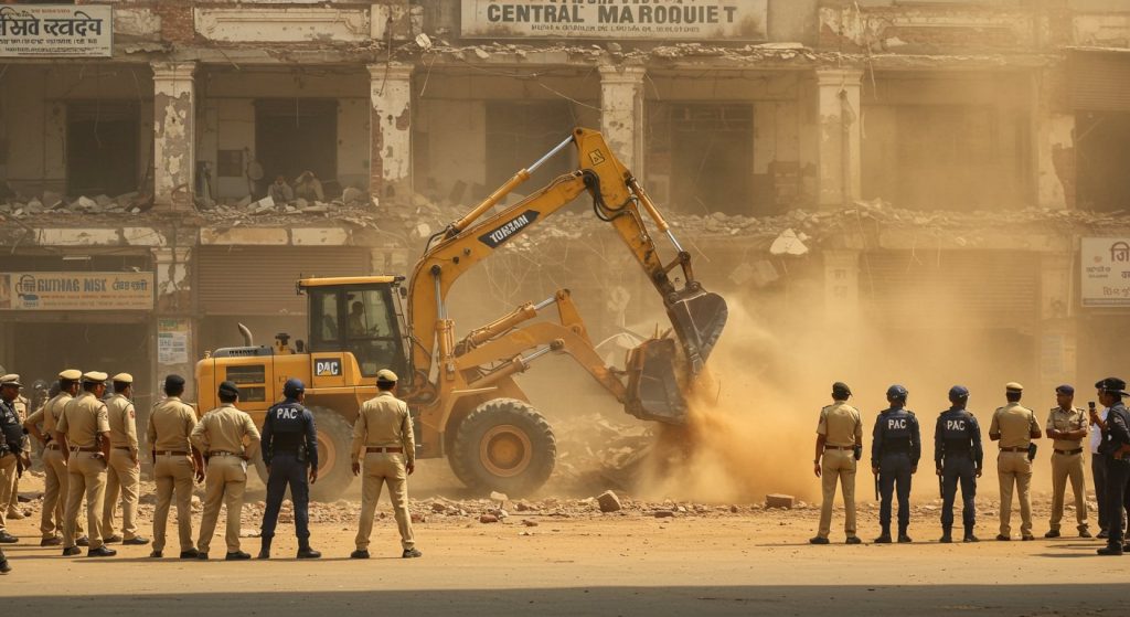 Meerut: Administration's bulldozer action at Central Market, heavy police force deployed.