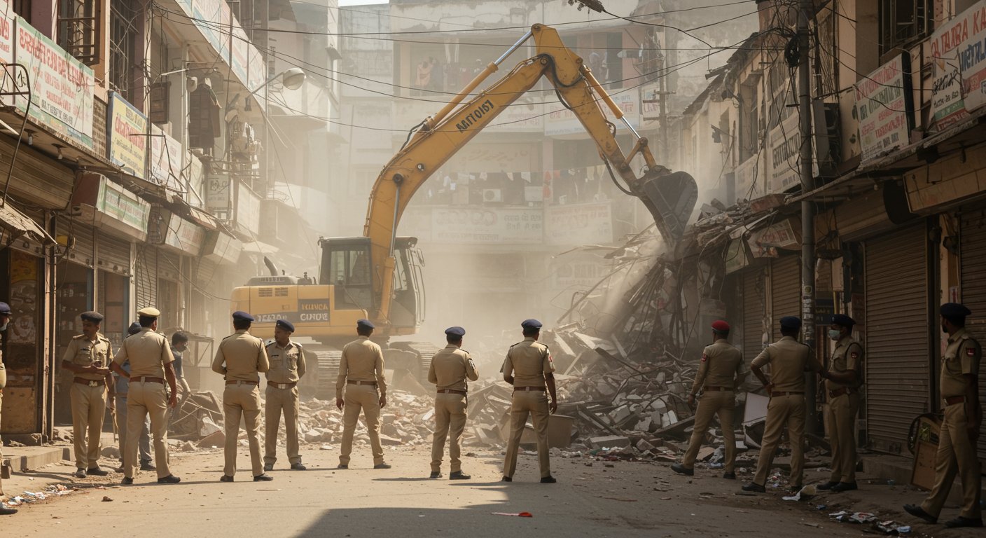 मेरठ के सेंट्रल मार्केट में चला बुलडोजर: सुप्रीम कोर्ट के आदेश पर 22 दुकानों पर ध्वस्तीकरण, भारी पुलिस बल तैनात