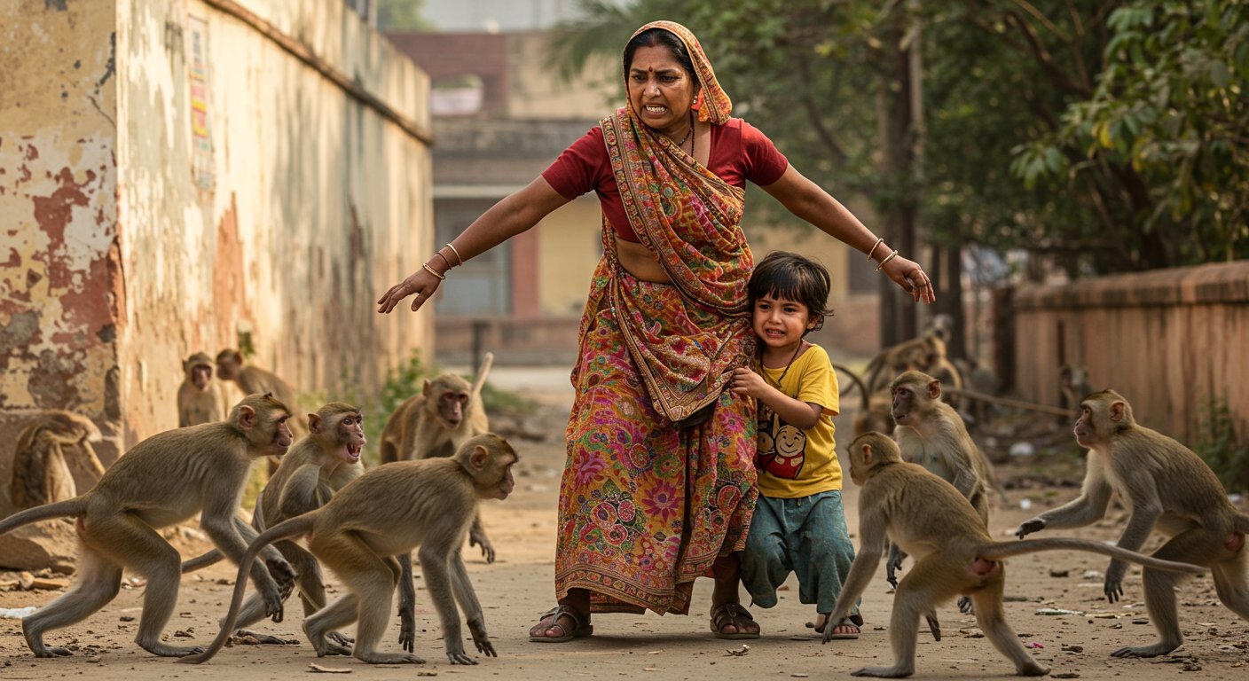 बंदरों ने बच्चे पर किया हमला, आंटी की बहादुरी देख आप भी करेंगे तारीफ!