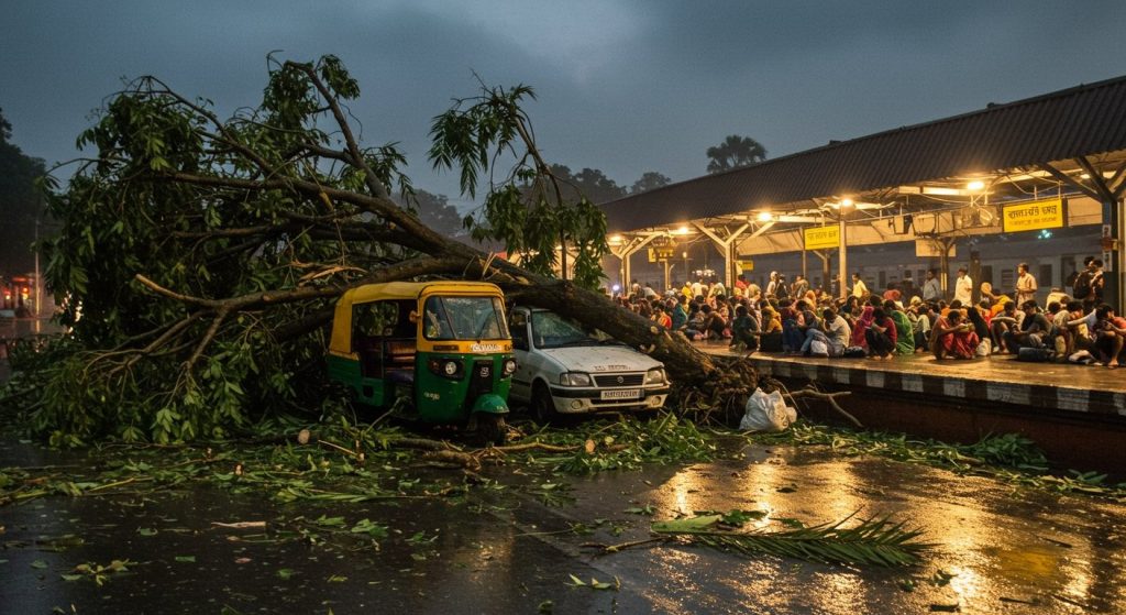 Devastating Impact of Cyclone Montha in Andhra-Odisha: Vehicles Crushed by Trees, Thousands of Passengers Stranded at Stations