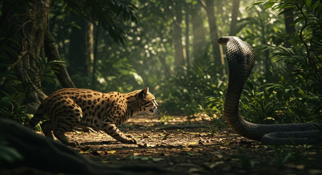 Viral Sensation: When a Wild Cat Openly Challenged the Poisonous 'King Cobra,' It Sent Shivers Down Onlookers' Spines!
