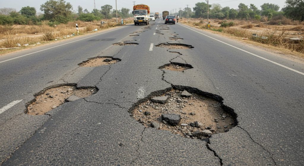 UP: Pothole-Free Road Claim Fails, Month-Old Repair on Gwalior Highway Exposed!