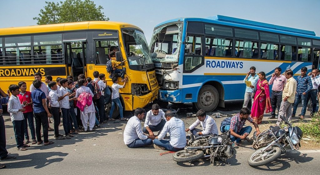 Rampur: Horrific Collision Between DMA School Bus and Roadways Bus; All Children Miraculously Safe, Three Bike Riders Injured