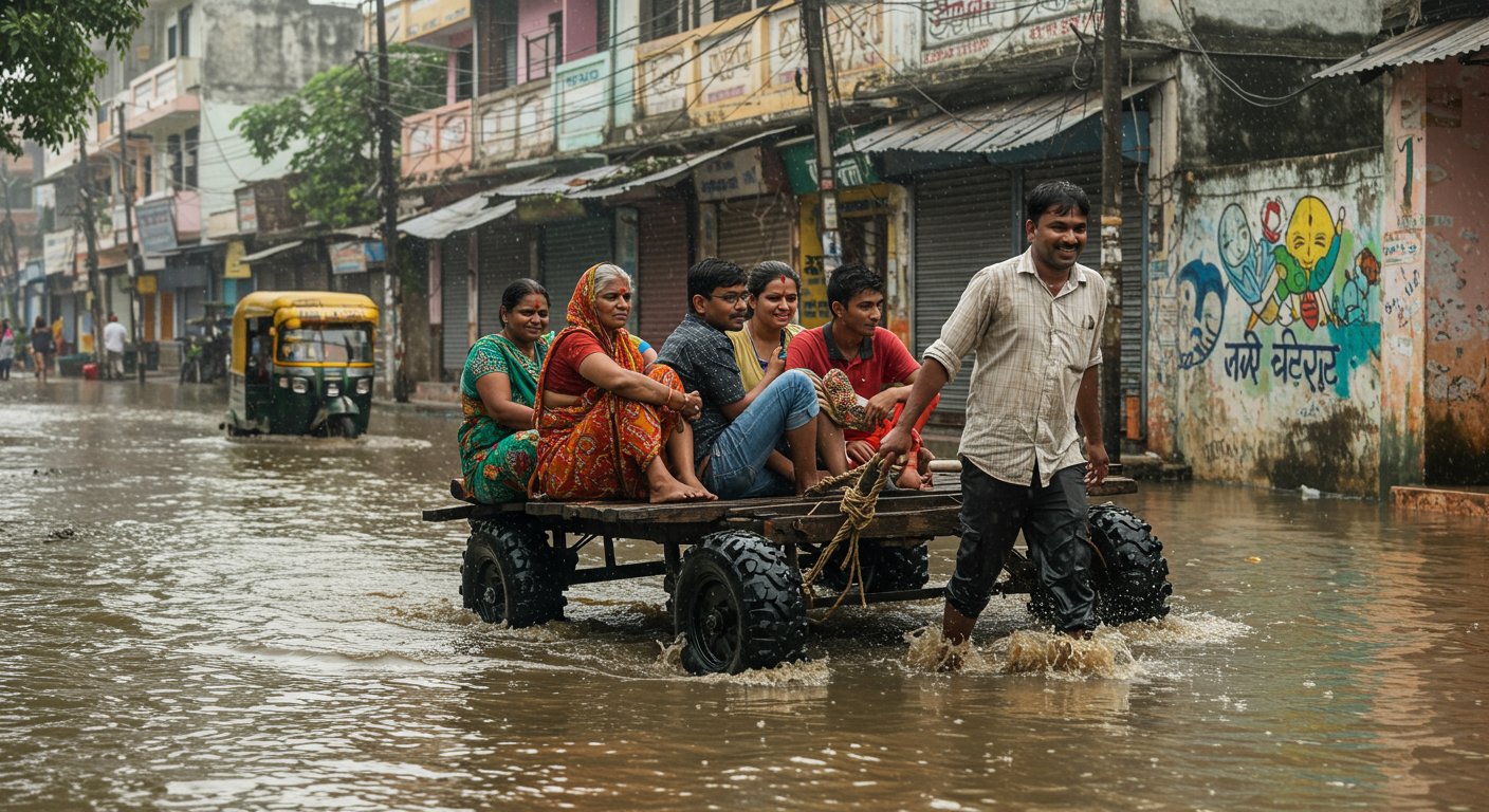 जलभराव वाली सड़क पर शख्स ने दिखाया कमाल, देसी जुगाड़ से लोगों को पार कराकर की मोटी कमाई!