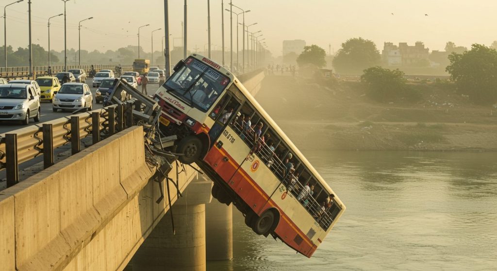 Heart-Wrenching Scene: Roadways Bus Dangles from Ganga Bridge in UP, 16 Passengers, Screams Erupt, Video Shocks!