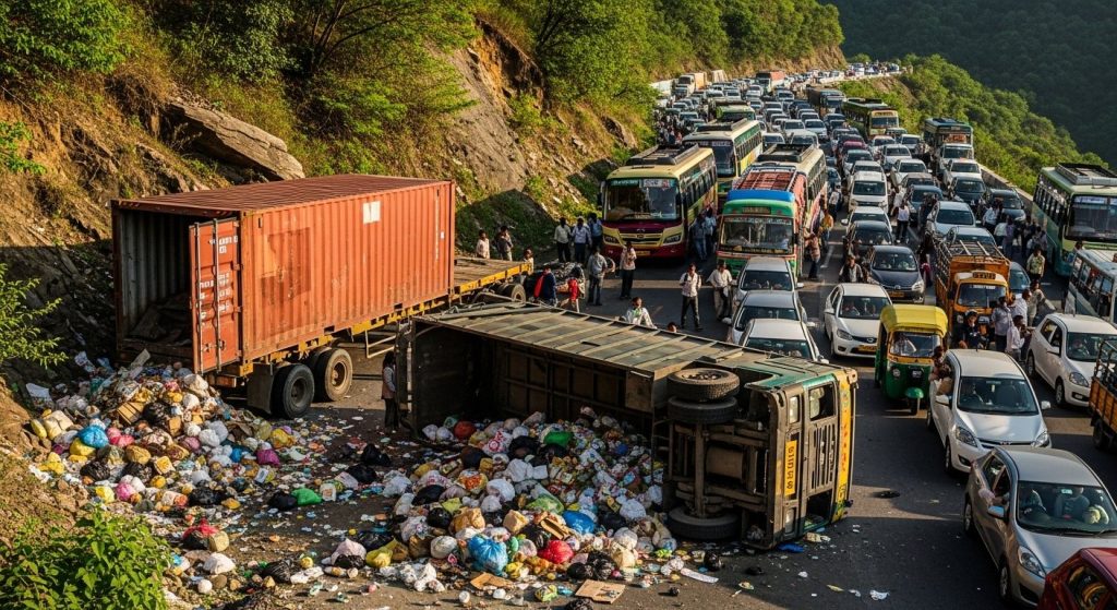 Saharanpur: Garbage truck overturns in Shivalik hills, massive jam for hours; container already broken down.