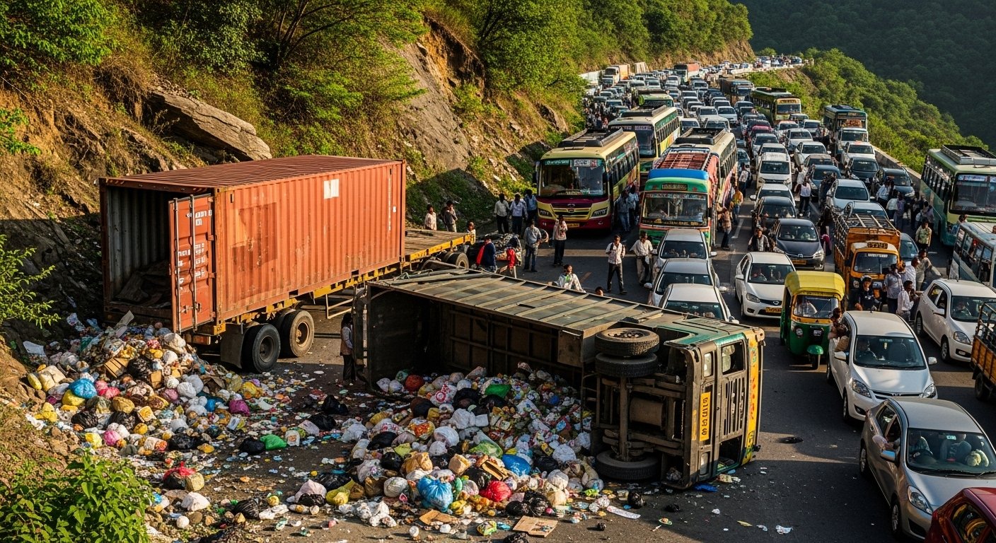 सहारनपुर: शिवालिक की पहाड़ियों में पलटा कूड़े से भरा ट्रक, घंटों से लगा भीषण जाम, पहले से खराब खड़ा था कंटेनर