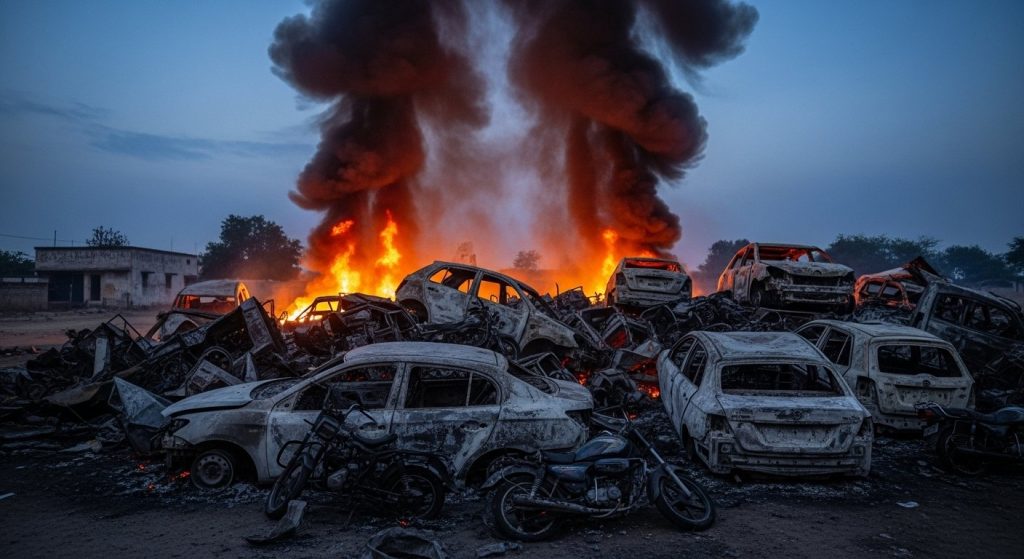 Massive Fire in Hapur's Stronghold: Pile of Seized Vehicles Gutted by Firecracker Sparks, Negligence Questioned