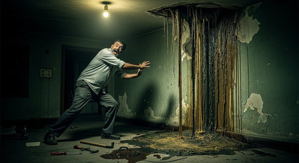 Horrific truth of foul-smelling water dripping from the roof: Tenant thought it was dampness, but screamed when the repairman opened it.