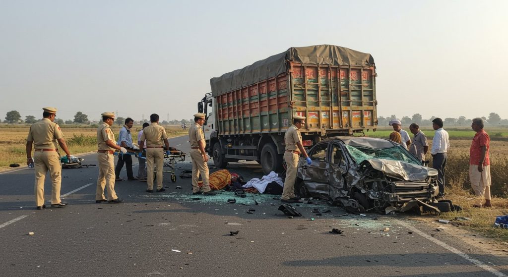 Speed's Fury in Kasganj: Out-of-control truck crushes car, driver tragically killed on spot; four seriously injured.