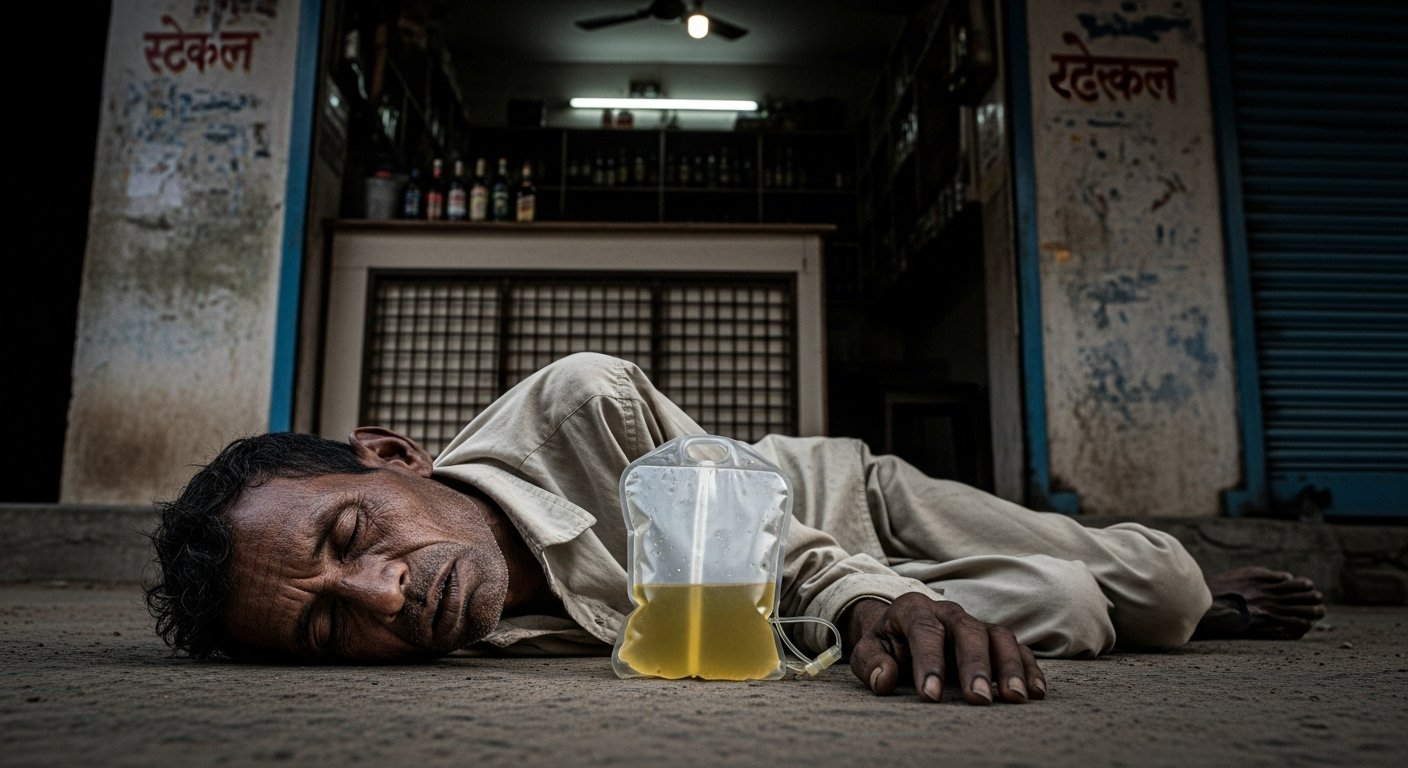 शराब की भयावह लत का सच: हाथ में यूरिन थैली थामे ठेके पहुंचा मरीज, फिर बेसुध मिला; वीडियो वायरल