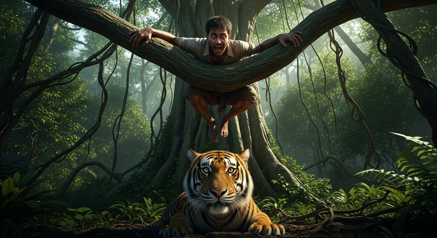 बाघ से जान बचाने को 4 घंटे पेड़ पर लटका शख्स, रोंगटे खड़े कर देने वाला वीडियो वायरल
