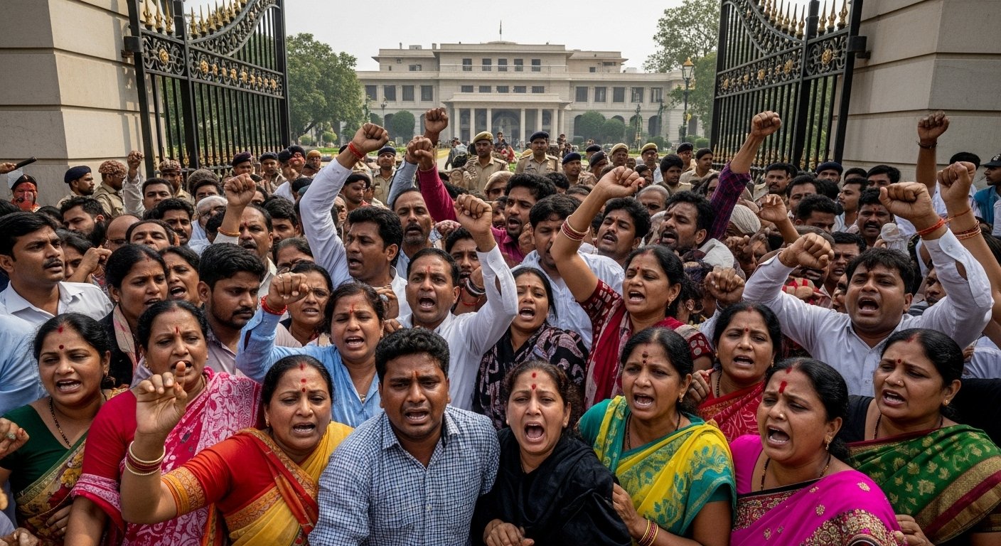 69000 शिक्षक भर्ती: आरक्षित अभ्यर्थियों का मंत्री आवास पर हंगामा, आत्मदाह की चेतावनी से गरमाया माहौल