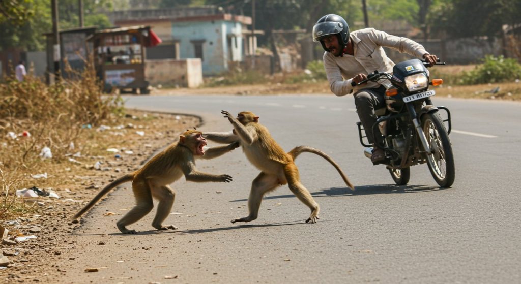 Dangerous Attack! Monkey Sitting on Road Suddenly Attacks Biker, Viral Video Creates Panic