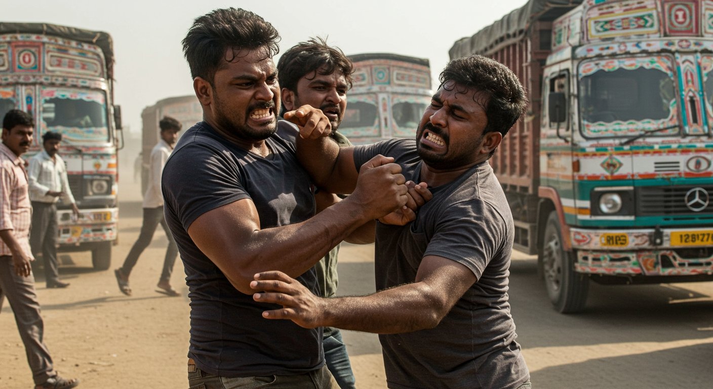 ट्रक ड्राइवरों की खूनी भिड़ंत का वायरल वीडियो: सरेआम दबोचे एक-दूसरे के गले, मचा जबरदस्त हंगामा!