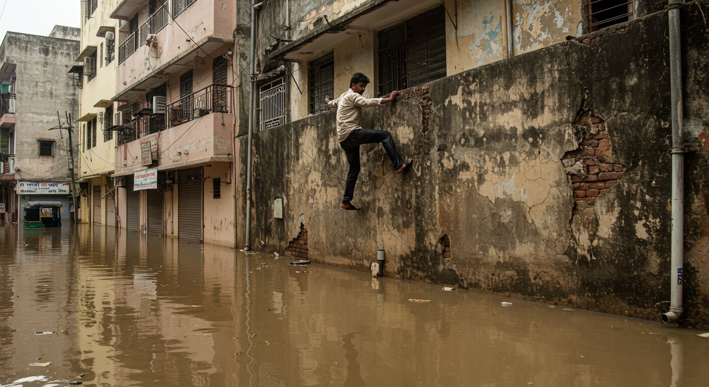बाढ़ के पानी में फंसा शख्स, दीवारों पर चलकर बना ‘स्पाइडरमैन’ – वीडियो ने मचाई धूम!