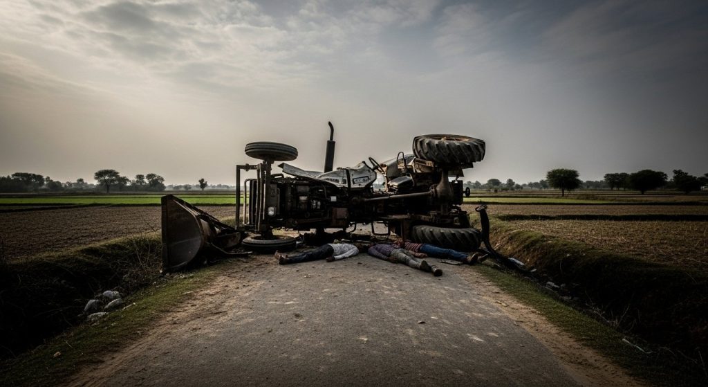 Mourning in Bareilly! Father-son tragically killed as tractor overturns on deserted road, trapped in debris for hours.