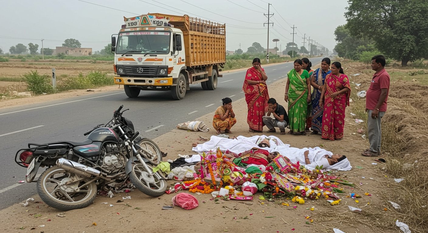 यूपी में त्योहार की खुशियां मातम में बदलीं: गलत दिशा से आए ट्रक ने बाइक सवार दो बहनों समेत तीन को कुचला