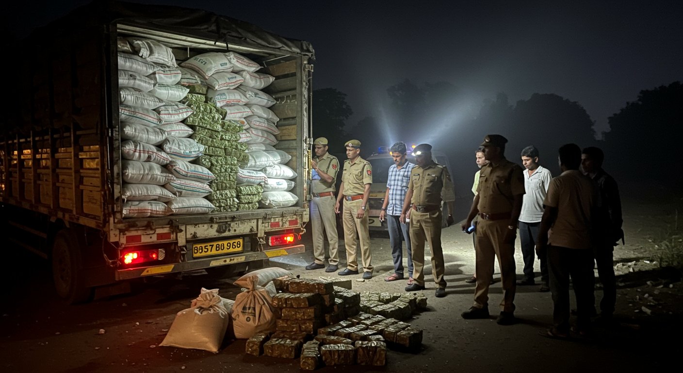 यूपी पुलिस का बड़ा एक्शन: आगे कार, पीछे ट्रक में नमक के नीचे गांजा तस्करी का खुलासा, 1.71 करोड़ के माल समेत तीन गिरफ्तार