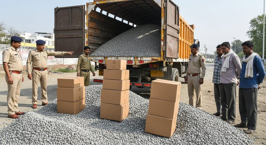Major Police Action in Varanasi: 135 Cartons of Illicit Liquor Smuggled Under Cover of Gravel Seized, Three Arrested